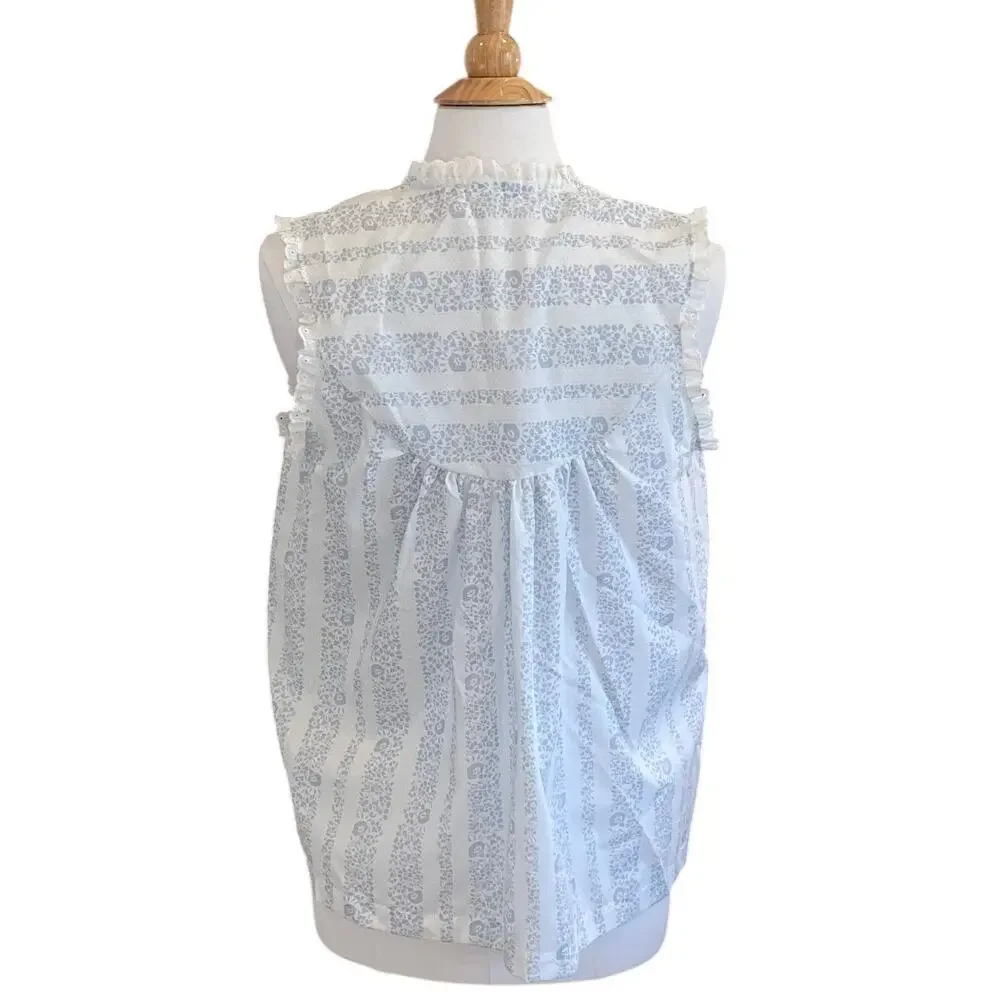 Vintage Violette Pastel Blue Floral Sleep Top, Eyelet, Ruffle, Size L